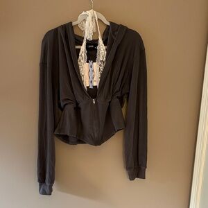 Cider Gray Ribbed Cardigan with Lace Detail